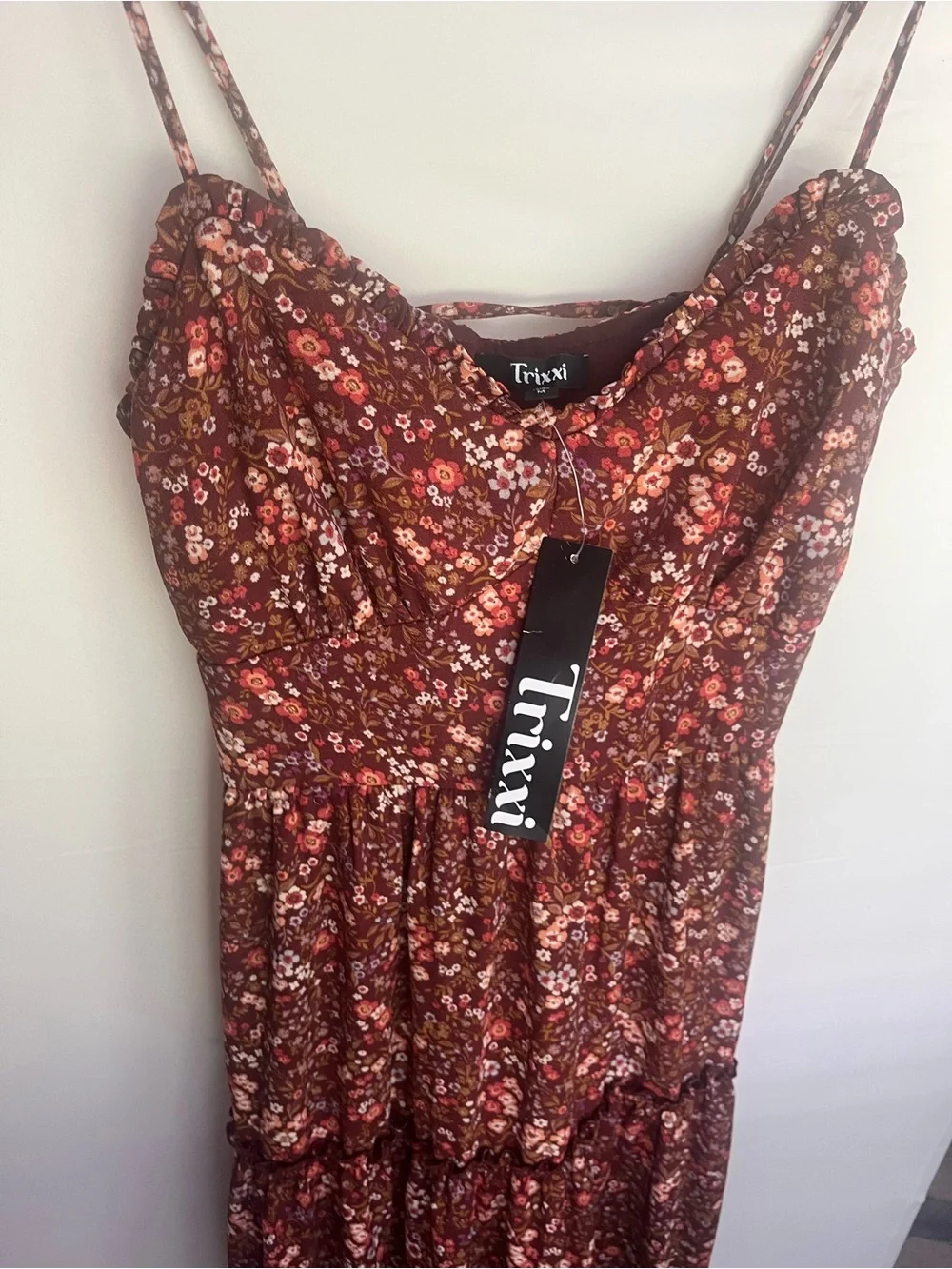 Trixxi NWT Rust Floral Tiered Midi Dress Spaghetti Strap - Picture 6 of 12